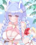  1girl asage_(asgsn) bare_shoulders beach bikini blue_hair blush body_markings braid breasts cleavage fire_emblem fire_emblem_heroes flower hair_ornament heidrun_(fire_emblem) heidrun_(summer)_(fire_emblem) highres large_breasts long_hair looking_at_viewer ocean official_alternate_costume outdoors palm_leaf palm_tree red_eyes sideboob skindentation solo stomach sweat sweatdrop swimsuit tree very_long_hair water white_bikini 