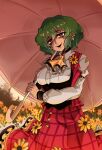  1girl absurdres ascot blush corset flower green_hair highres kazami_yuuka long_sleeves looking_at_viewer open_clothes open_mouth open_vest outdoors parasol plaid_clothes plaid_skirt plaid_vest red_eyes red_vest rinnytanart shirt short_hair skirt skirt_set smile solo sunflower touhou umbrella vest yellow_ascot 