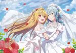  2girls ahoge anime_coloring blonde_hair blue_hair blush breasts bridal_veil bride cleavage cone_hair_bun cowboy_shot dress flower gloves green_eyes hair_between_eyes hair_bun hikikomari_kyuuketsuki_no_monmon long_hair looking_at_viewer multiple_girls open_mouth petals pink_flower red_eyes red_flower ribbon shitaya_tomoyuki short_hair small_breasts smile standing terakomari_gandezblood veil villhaze wedding_dress white_dress white_gloves 