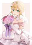  1girl absurdres amachi_hanayo bare_shoulders blonde_hair blush border bouquet breasts bridal_veil cleavage commentary_request commission dress elbow_gloves flower gloves green_eyes hair_between_eyes highres holding holding_bouquet indie_virtual_youtuber izumi_kei large_breasts long_hair looking_at_viewer medium_hair off-shoulder_dress off_shoulder open_mouth purple_flower purple_rose red_flower red_rose rose skeb_commission smile solo veil virtual_youtuber white_border white_dress white_gloves 