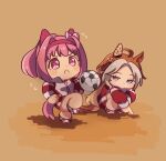  &gt;:( 2girls :d ahoge animal_ears ball blue_eyes bow brown_background brown_hair chibi closed_mouth ear_bow flower-shaped_pupils flying_sweatdrops forehead frown grey_hair hairband haru_urara_(umamusume) highres horse_ears horse_girl horse_tail jacket moko39_takasora multicolored_hair multiple_girls orfevre_(umamusume) parted_bangs pink_hair purple_eyes purple_hairband red_jacket red_shorts shoes shorts simple_background smile soccer_ball squatting standing standing_on_one_leg symbol-shaped_pupils tail track_jacket two-tone_hair umamusume v-shaped_eyebrows white_bow white_shoes 