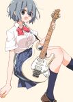  1girl :d black_legwear blue_eyes blue_hair electric_guitar guitar highres holding holding_instrument instrument kneehighs loafers matsuda_hikari original plectrum school_uniform shoes short_hair simple_background smile solo 