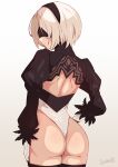  1girl 2b_(nier:automata) artist_name ass back back_cutout blindfold clothing_cutout commentary covered_eyes cowboy_shot darahan from_behind gradient_background hairband highleg highleg_leotard leotard long_sleeves looking_at_viewer mole mole_under_mouth nier:automata nier_(series) short_hair shoulder_blades signature solo thighhighs thighs watermark white_hair 
