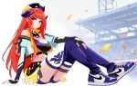  1girl air_jordan arknights arm_support bagpipe_(arknights) bagpipe_(queen_no._1)_(arknights) bare_shoulders black_gloves black_hat blunt_bangs blush breasts cleavage closed_mouth commentary_request confetti crop_top fingerless_gloves fingernails full_body gloves hand_on_own_leg hat highres horns long_hair looking_at_viewer medium_breasts multicolored_hat nike_(company) official_alternate_costume orange_hair partial_commentary product_placement purple_eyes purple_hat purple_horns purple_shoes purple_thighhighs see-through_clothes see-through_sleeves sgt_syunkai2_(myyards) shoes sitting smile sneakers solo thigh_strap thighhighs yellow_hat 