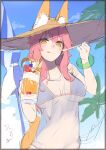  1girl :p animal_ears beach_umbrella beer_mug bikini blue_bikini breasts cloud cup day ears_through_headwear enosan fate/extra fate/grand_order fate_(series) food fox_ears fox_girl fox_tail hair_between_eyes hat highres holding holding_spoon large_breasts mug outdoors pink_hair see-through shirt sketch sky solo spoon swimsuit tail tamamo_(fate) tamamo_no_mae_(fate/extra) tamamo_no_mae_(swimsuit_lancer)_(fate) tongue tongue_out umbrella unfinished yellow_eyes 