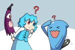  &gt;_&lt; 1girl 1other ? blue_eyes blue_hair blue_sky blue_vest closed_mouth commentary crossover edgycat english_commentary grey_background heterochromia holding holding_umbrella juliet_sleeves karakasa_obake long_sleeves pokemon pokemon_(creature) puffy_sleeves purple_umbrella red_eyes short_hair sky smile tatara_kogasa touhou umbrella vest wobbuffet 
