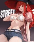  1girl absurdres arm_support black_hat bra breasts commentary cosplay denim denim_shorts ear_piercing fingernails hand_on_own_chest hat highres kwon_eun-bi kwon_eun-bi_(cosplay) large_breasts long_hair nail_polish navel open_clothes open_mouth open_shirt original piercing real_life red_eyes red_hair red_nails red_shirt shirt shorts solo stomach sweat teeth underwear upper_teeth_only val_(yan_kodiac) white_bra witch_hat yan_kodiac 