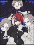  4boys ahoge aotsuki_eito armband black_border black_cape black_gloves black_halo black_streaks blue_background blue_eyes border brown_hair cape clone_harem gakuran glasses gloves grabbing_another&#039;s_arm halo hand_on_another&#039;s_arm hand_on_another&#039;s_shoulder hands_up highres hole_in_chest hole_on_body jacket large_hands last_defense_academy_school_uniform looking_at_viewer male_focus multicolored_hair multiple_boys official_alternate_hairstyle out_of_frame purple_eyes red_hair school_uniform short_hair smile spoilers streaked_hair sumino_takumi the_hundred_line_-last_defense_academy- tsumugg0 white_armband white_gloves white_jacket yaoi 