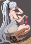 1girl absurdly_long_hair ass averting_eyes blush breasts cinderella_(beautiful_me)_(nikke) cinderella_(nikke) condom condom_packet_strip condom_wrapper curvy delta26 dress full_body goddess_of_victory:_nikke hair_over_one_eye high_heels highres huge_ass huge_breasts long_hair no_bra official_alternate_costume patreon_username ponytail red_eyes solo squatting thick_thighs thighs very_long_hair white_dress white_hair wide_hips 