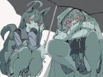  2girls agnes_tachyon_(umamusume) ahoge animal_ears blush bow bowtie closed_mouth eyes_visible_through_hair hair_between_eyes hair_ribbon half_updo hand_on_own_face highres holding holding_umbrella horse_ears horse_girl horse_tail huge_ahoge kandench29 long_hair_between_eyes long_sleeves looking_at_another manhattan_cafe_(umamusume) multiple_girls pleated_skirt purple_sailor_collar purple_shirt purple_skirt raincoat red_eyes ribbon sailor_collar school_uniform shirt skirt swimsuit tail tracen_school_uniform umamusume umbrella variant_set white_bow white_bowtie yellow_eyes 