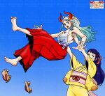  1boy 1girl ^_^ blue_sky blunt_bangs carrying carrying_person closed_eyes commentary_request couchpotato_op geta hair_ribbon hakama highres japanese_clothes kikunojo_(one_piece) kimono obi one_piece ponytail red_hakama ribbon rope sash shimenawa sky white_kimono wide_sleeves yamato_(one_piece) yellow_kimono 