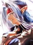  1boy armor black_shirt choker commentary dasaku1028 demon_boy dragon_quest dragon_quest_iv grin harness headband highres long_hair looking_at_viewer looking_to_the_side male_focus parted_hair pauldrons pisaro pointy_ears portrait red_eyes red_headband shirt shoulder_armor single_pauldron smile solo spiked_pauldrons upper_body white_background white_hair 