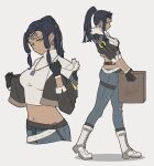  1girl artist_name black_gloves black_hair boots box breasts cardboard_box carrying cherrrim closed_mouth crop_top cropped_jacket dark-skinned_female dark_skin ear_piercing earrings full_body gloves grey_pants hair_ornament high_ponytail highres jewelry kasa_(zenless_zone_zero) long_hair looking_at_viewer medium_breasts midriff necklace pants parted_bangs piercing ponytail shirt signature solo standing teeth torn_clothes torn_pants turtleneck turtleneck_shirt white_boots yellow_eyes zenless_zone_zero 