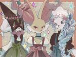  3girls :&lt; alternate_hairstyle animal_ear_fluff animal_nose black_choker black_dress blue_eyes blue_hair body_fur bow braid braided_fur cat_girl choker clothed_pokemon clown_nose colored_eyelashes delphox dress eye_mask fang fox_girl frilled_sleeves frills furry furry_female gem green_fur green_skirt hair_ornament half-closed_eyes head_wreath juliet_sleeves koso2023 light_frown long_braid long_eyelashes long_sleeves looking_at_viewer low_neckline meowscarada multicolored_fur multiple_girls off-shoulder_dress off_shoulder pearl_(gemstone) pearl_hair_ornament pink_nose pokemon pokemon_(creature) pokemon_focus primarina puffy_long_sleeves puffy_short_sleeves puffy_sleeves red_bow red_eyes red_fur red_skirt seal_girl short_sleeves single_braid skin_fang skirt smile sparkle starfish_hair_ornament two-tone_fur upper_body yellow_fur 