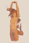 anthro balls casual_nudity dinosaur feathered_dinosaur feathered_scalie feathers flaccid foreskin genitals hi_res male nude open_mouth penis prehistoric_species reptile scalie simple_background solo spinosaurid spinosaurus stretching theropod waking_up whiskers yawn zagz