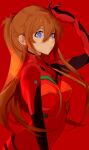  1girl absurdres blue_eyes bodysuit breasts commentary english_commentary highres interface_headset_(evangelion) long_hair mecha_pilot_suit neon_genesis_evangelion plugsuit_(evangelion) red_background red_bodysuit red_hair red_theme simple_background solo souryuu_asuka_langley yixia_art 