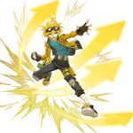  1boy ahoge alternate_costume aotu_world arrow_(symbol) belt black_background black_gloves black_pants black_shoes blonde_hair blue_eyes blue_shirt brown_belt brown_gloves clenched_hand energy fingerless_gloves full_body gloves goggles goggles_on_head hair_between_eyes jacket king_(aotu_world) knee_pads lightning_bolt_symbol long_sleeves looking_at_viewer male_focus official_art open_clothes open_hand open_jacket open_mouth outstretched_arm outstretched_hand pants qi_chuang_she shirt shoes short_hair simple_background smile sneakers solo spiked_hair third-party_source yellow_jacket 