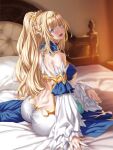  1girl :d absurdres aqua_nails ass back back_cutout blonde_hair blue_eyes breasts clothing_cutout detached_sleeves dress gem gold_trim half_updo high_ponytail highres kannatsuki_noboru large_breasts layered_sleeves long_hair looking_back magical_explorer novel_illustration official_art on_bed pillow ponytail red_lips second-party_source sitting smile sofia_(magical_explorer) solo tiara wide_hips 