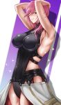  1girl absurdres armor armored_leotard arms_behind_head arms_up black_armor blue_eyes boobplate breasts fax61209 final_fantasy final_fantasy_xiii highres large_breasts leotard lightning_farron lightning_returns:_final_fantasy_xiii looking_at_viewer parted_lips pink_hair sideboob smile solo thighhighs waist_cape 