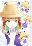  animal_print blonde_hair blunt_bangs blunt_ends brown_hat chibi chibi_inset frog frog_print hair_ribbon hand_to_own_mouth hat highres konruri_blue moriya_suwako multiple_views nail_polish purple_skirt purple_vest pyonta ribbon skirt skirt_set touhou tress_ribbon vest wide_sleeves 
