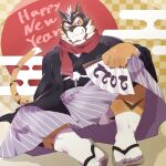  1boy 2022 absurdres animal_ears bara black_kimono chinese_zodiac facial_hair forked_eyebrows full_body furry furry_male goatee grin hakama hakama_skirt happy_new_year highres japanese_clothes kanato_(sakehabera) kimono live_a_hero looking_at_viewer male_focus mask new_year orange_fur ryekie_(live_a_hero) sandals short_hair skirt smile socks solo tiger_boy tiger_ears year_of_the_tiger 