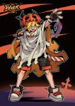  1boy alternate_costume aotu_world arrow_(symbol) black_gloves black_horns black_shorts blonde_hair blue_eyes candy candy_cane cape clenched_hand cloak copyright_name fingerless_gloves food full_body gloves hair_between_eyes halloween halloween_costume hands_up highres horns jack-o&#039;-lantern king_(aotu_world) lollipop looking_at_viewer male_focus multicolored_shoes official_art open_hand open_mouth outstretched_arm patchwork_clothes pointy_ears pumpkin pumpkin_hat qi_chuang_she shoes short_hair shorts smile solo standing third-party_source white_cloak white_shoes 