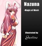  1girl animal_ears arms_behind_back back_bow blush bow breasts commentary_request cowboy_shot dress english_text high_priest_(ragnarok_online) juliet_sleeves justine_(shigyunb) large_breasts long_hair long_sleeves looking_at_viewer looking_back lowres open_mouth pink_hair puffy_sleeves rabbit_ears ragnarok_online red_dress red_eyes sash solo thighhighs two-tone_dress white_bow white_dress white_sash white_thighhighs 
