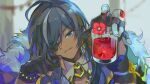  1boy anemone_(flower) black_gloves bleeding blood blue_eyes blue_hair blurry blurry_background bracelet cape collared_shirt cup cuts dark-skinned_male dark_skin diluc_(genshin_impact) drinking_glass earrings eveshut eyepatch fingerless_gloves fingernails flower flower_in_drink fur-trimmed_cape fur_trim genshin_impact gloves grey_hair hair_over_shoulder hand_up head_on_hand head_rest highres holding holding_cup injury jewelry kaeya_(genshin_impact) long_hair low_ponytail male_focus multicolored_hair one_eye_covered parted_lips ponytail portrait red_flower reflection shirt smile solo spiked_bracelet spikes streaked_hair swept_bangs white_shirt wilted_flower 