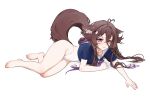  absurdres ahoge animal_ear_fluff animal_ears artist_name bare_legs barefoot blue_shirt brown_hair closed_mouth collar collarbone collared_shirt commentary commission cropped_shirt fox_ears fox_girl fox_tail hair_between_eyes hair_ornament hair_over_shoulder hairclip heart heart_ahoge highres indie_virtual_youtuber long_hair looking_at_viewer lying multicolored_hair ohkurrva on_side one-piece_swimsuit purple_eyes purple_hair purple_ribbon ribbon rima_evenstar sailor_collar sailor_shirt shirt short_sleeves sidelocks simple_background swimsuit symbol-shaped_pupils tail twitter_username two-tone_hair variant_set virtual_youtuber white_background white_collar white_one-piece_swimsuit 