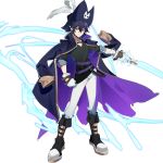  1boy aotu_world belt black_boots black_hair black_shirt boots brown_belt cleavage_cutout clenched_hand closed_mouth clothing_cutout coat coat_on_shoulders electricity electrokinesis full_body gloves hair_between_eyes hat hat_feather holding holding_sword holding_weapon jewelry knee_boots looking_at_viewer male_focus multiple_belts official_alternate_costume official_art pants pirate_hat pointy_ears purple_belt purple_coat purple_eyes purple_hat qi_chuang_she ray_(aotu_world) shirt simple_background sleeves_rolled_up smile solo standing sword third-party_source transparent_background weapon white_gloves white_pants 