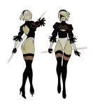  1girl 2b_(nier:automata) back_cutout black_boots blindfold boots breasts cleavage clothing_cutout high_heel_boots high_heels highleg highleg_leotard highres leotard multiple_views nier:automata nier_(series) puffy_sleeves sarakipin short_hair simple_background thigh_boots white_background white_hair 