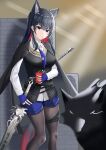  1girl animal_ear_fluff animal_ears arknights black_hair black_jacket black_pantyhose black_vest blue_gloves blue_necktie blue_shorts box breasts brick_wall buttons closed_mouth collared_shirt colored_inner_hair commentary_request cowboy_shot fingerless_gloves food food_in_mouth gloves hair_between_eyes holding holding_box holding_sword holding_weapon jacket lapels long_hair long_sleeves looking_at_viewer medium_breasts multicolored_hair necktie open_clothes open_jacket orange_eyes pantyhose pink_hair pocky pocky_in_mouth shirt short_shorts shorts solo standing sword tail texas_(arknights) thigh_strap vest w67732579 weapon white_shirt wolf_ears wolf_girl wolf_tail yellow_background 