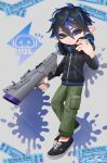  1boy black_hair black_jacket black_shoes blue_eyes blue_hair closed_mouth commentary commission full_body green_pants hair_between_eyes headphones headphones_around_neck highres holding holding_weapon hood hood_down hooded_jacket inkling inkling_boy inkling_player_character jacket long_sleeves looking_at_viewer male_focus multicolored_hair pants pointy_ears puchiman s-blast_(splatoon) shoes short_hair signature solo splatoon_(series) standing symbol-only_commentary tentacle_hair two-tone_hair watermark weapon 