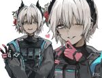  1girl :d aqua_eyes arknights black_gloves black_jacket black_shirt chinese_commentary commentary_request earrings extra_arms gloves grey_hair hair_between_eyes hair_intakes hand_on_own_chin heart highres jacket jewelry ku_li_tusi long_sleeves looking_at_viewer multiple_views one_eye_closed open_clothes open_jacket open_mouth pink_gloves pouch raidian_(arknights) shirt short_hair signature simple_background smile turtleneck turtleneck_shirt unusually_open_eyes white_background 