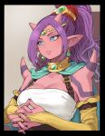  1girl aqua_cape black_border blue_eyes body_markings border breasts cape choker circlet cleavage colored_skin commentary dragon_quest dragon_quest_x earrings gem gold_choker gold_circlet green_gemstone grey_background high_ponytail highres horns interlocked_fingers jewelry kulumi_e large_breasts looking_to_the_side luchenda_(dq10) pointy_ears ponytail purple_hair red_horns red_skin shoulder_spikes solo sphere_earrings spikes strapless symbol-only_commentary tube_top upper_body white_tube_top yellow_bridal_gauntlets 