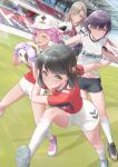  4girls ;d anyoji_hime ball baseball_cap black_hair black_shoes black_shorts blunt_bangs blunt_ends bob_cut breasts c: ceras_yanagida_lilienfeld closed_mouth commentary_request english_commentary flower flower_knot gloves green_eyes grey_hair hair_between_eyes hair_flower hair_intakes hair_ornament hair_ribbon hat holding holding_ball katsuragi_izumi kneehighs kobassy link!_like!_love_live! looking_at_viewer love_live! medium_breasts midriff_peek mixed-language_commentary momose_ginko multi-tied_hair multiple_girls navel one_eye_closed open_mouth outdoors pink_flower pink_hair pink_ribbon purple_gloves red_shirt ribbon shirt shoes short_hair short_shorts shorts smile sneakers soccer_ball soccer_uniform socks split_mouth sportswear stadium virtual_youtuber white_hat white_shoes white_shorts white_socks zweigen_kanazawa 
