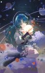  1girl absurdres ball blue_flower blue_hair boots bu_guize_huan closed_mouth dress fang fang_out flower full_body glowing grass green_eyes grey_boots grey_dress highres hissabeth holding holding_ball jacket long_hair looking_at_object night night_sky on_grass planet reverse:1999 short_dress sitting sky slit_pupils smile snake snake_on_head solo sparkle watermark white_flower white_jacket yokozuwari 