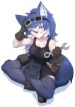  1girl alternate_costume animal_ears bare_shoulders black_hair black_shirt black_skirt blue_hair blue_pantyhose blush boots brown_boots brown_gloves collarbone crossed_legs dire_wolf_(kemono_friends) dirty dirty_face from_above gloves goggles goggles_on_head hair_between_eyes highres kemono_friends long_hair looking_at_viewer lowlandgorilla multicolored_hair pantyhose shirt sidelocks sitting skirt sleeveless solo tail tank_top tool_belt white_hair wolf_ears wolf_girl wolf_tail wrench yellow_eyes zettai_ryouiki 