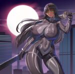  1girl absurdres black_bodysuit black_hair blush bodysuit bracelet breasts cityscape covered_navel covered_nipples dark-skinned_female dark_skin dual_wielding felicia_castro green_eyes highres holding huge_breasts jewelry jingb_dx long_hair looking_at_viewer open_mouth solo sword tatakau_ni_atai_suru thighs weapon 