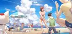  3boys 5girls absurdres alien antennae ayase_momo ayase_seiko bare_arms bare_shoulders barefoot beach beach_chair beach_umbrella bikini black_hair blonde_hair blue_sky blush brown_hair cat cigarette closed_eyes cloud cloudy_sky collarbone commentary_request dandadan drink drinking drinking_straw earrings eating enjoji_jin eyewear_on_head facing_another food fruit full_body glasses grandmother_and_granddaughter green_hoodie halterneck highres holding holding_cigarette holding_food holding_hands holding_removed_eyewear hood hood_down hoodie horizon jewelry kneeling looking_at_another lying maneki-neko multiple_boys multiple_girls ocean on_back open_mouth outdoors pink_bikini pink_hair red_hoodie sakata_kinta sand sand_sculpture shiratori_aira_(dandadan) shirt short_hair shorts sitting sky smile squatting standing stomach summer sunglasses swimsuit takakura_ken_(dandadan) turbo_granny_(dandadan) umbrella umeoka_piyo unworn_eyewear vamola_(dandadan) watermelon 