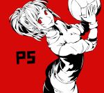  1girl ass ball breasts cowboy_shot greyscale_with_colored_background hair_ornament hairclip high_contrast high_ponytail highres holding holding_ball looking_at_viewer medium_breasts persona persona_5 ponytail red_background red_eyes red_theme simple_background smile solo suzui_shiho tagaya6592 volleyball 