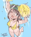  1girl alternate_breast_size artist_name barefoot bikini black_hair blue_background breasts cheerleader cleavage commentary_request dated feet_out_of_frame from_above fubuki_(kancolle) grey_eyes holding holding_pom_poms kantai_collection kirisawa_juuzou low_ponytail medium_breasts one_eye_closed pom_pom_(cheerleading) ponytail smile solo sparkle sside-tie_bikini_bottom swimsuit tan tanlines visor_cap yellow_bikini 