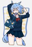  1girl animal_charm animal_ears arms_up bag bag_charm blue_cardigan blue_eyes blue_hair blue_scrunchie blue_skirt blush bow bowtie cardigan charm_(object) chinese_commentary commentary_request cropped_legs dated hair_ornament hair_over_one_eye hair_tie_in_mouth hairclip highres horse_ears horse_girl horse_tail k.s.miracle_(umamusume) looking_at_viewer mixed-language_commentary mouth_hold red_bow red_bowtie saramiao-chan school_uniform scrunchie short_hair shoulder_bag skirt solo star_(symbol) star_hair_ornament tail twitter_username tying_hair umamusume 