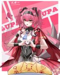  1girl absurdres armlet armor black_bow blush bodysuit bow breastplate breasts character_name collar commentary_request food hair_bow hairband headgear heart heart_hands highres jewelry libaiyi_hao long_hair lupa_(wuthering_waves) medium_breasts metal_collar metal_hairband multiple_hair_bows omelet omurice open_mouth red_pupils red_sash sash solo tacet_mark_(wuthering_waves) twintails white_bodysuit wrist_guards wuthering_waves yellow_eyes 