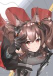 1girl absurdres angelina_(arknights) animal_ear_fluff animal_ears arknights arknights:_endfield belt bracelet breasts brown_hair cape diamond-shaped_pupils diamond_(shape) dot_nose dress fox_ears fox_girl from_above gilberta_(arknights) grey_dress headgear high_belt highres infection_monitor_(arknights) jewelry large_breasts long_hair looking_at_viewer red_cape shootingstar_masa smile solo split_mouth symbol-shaped_pupils twintails v 