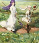  2girls black_boots black_pantyhose boots brown_boots capelet closed_mouth day dress elf fern_(sousou_no_frieren) frieren grass green_eyes highres holding holding_staff kuto_(kuroto) long_hair looking_at_viewer mage_staff multiple_girls outdoors pantyhose pointy_ears purple_eyes purple_hair shirt skirt sousou_no_frieren staff standing striped_clothes striped_shirt twintails white_capelet white_dress white_hair white_skirt 