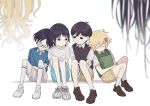  1girl 3boys azuma_naoki basil_(faraway)_(omori) basil_(omori) black-framed_eyewear black_eyes black_hair black_sweater_vest blonde_hair blue_shirt blue_shorts blurry blurry_foreground book bright_pupils brown_shoes brown_shorts character_request check_character closed_eyes closed_mouth collarbone collared_shirt double-parted_bangs flower glasses green_sweater_vest hair_flower hair_ornament highres holding holding_book kirarazaka_marina kneehighs kuze_shizuka loafers looking_at_another mari_(faraway)_(omori) mari_(omori) multiple_boys omori ota_(otanaon) rectangular_eyewear shirt shoes short_hair short_sleeves shorts sitting sleeping sneakers socks spoilers sunny_(omori) sweater_vest t-shirt takopii_no_genzai white_pupils white_shirt white_shoes white_socks 