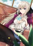  1girl black_legwear blue_eyes blue_skirt breasts cape chair cleavage cup drinking_glass fate/grand_order fate_(series) highres holding holding_cup lankuchashuangjielong large_breasts looking_at_viewer morgan_le_fay_(fate) pantyhose plant purple_cape shirt silver_hair sitting skirt smile solo white_shirt window 