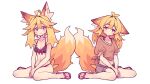  2girls :&gt; ahoge animal_ear_fluff animal_ears antenna_hair bags_under_eyes bikini black_bikini black_nails black_shorts blonde_hair bow bow_bikini breasts brown_shirt collarbone double-parted_bangs droopy_ears english_commentary flip-flops fox_ears fox_girl fox_tail hair_between_eyes highres kazumiskill looking_at_viewer medium_breasts midriff multiple_girls original pink_eyes sandals shirt short_sleeves shorts siblings simple_background sisters sitting smile swimsuit tail thick_eyebrows tied_shirt v_arms wariza white_background 