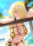  1girl black_gloves blonde_hair blush breasts cleavage commentary day elegg_(boom_and_shock)_(nikke) elegg_(nikke) gloves goddess_of_victory:_nikke hair_intakes hair_over_one_eye highres huge_breasts leaning_forward looking_at_viewer navel official_alternate_costume one_eye_covered outdoors purple_eyes short_hair sideboob single_glove smile solo stomach wei_xiao 